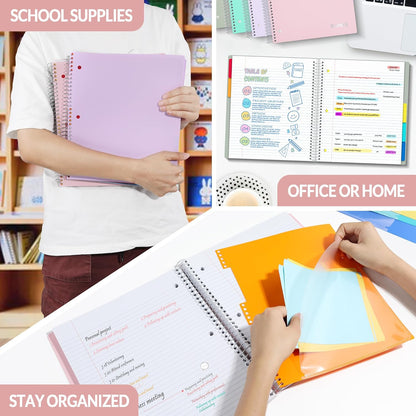 SUNEE 5 Subject Notebook College Ruled - 400 Pages, 9"x11", 5 Pocket Colored Dividers, 3-Hole Punched Paper, Pink