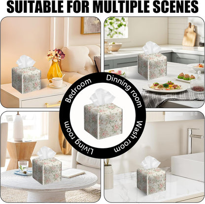 2 Pack Pink Flowers Tissue Box Cover Square Floral Bird PU Leather Tissue Box Holder Waterproof Facial Paper Organizer Dispenser for Bathroom Kitchen Home Office Car