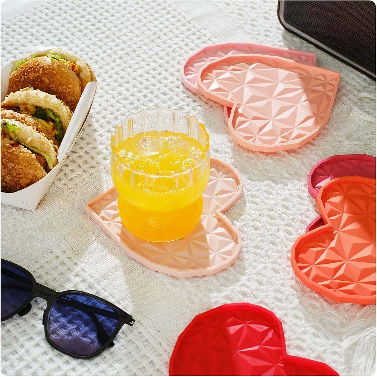 Silicone Drink Coasters Set – 4.7" Heart-Shaped, Colorful Non-Slip Coasters for Drinks, Coffee Table, Outdoor Use