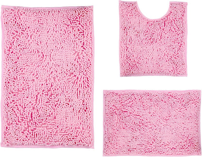 Pink Bathroom Rugs Sets 3 Piece Washable, Luxury ，Chenille Bath Mat Set, Soft Plush Anti-Slip Rectangular Bath， Rug Super Absorbent.3 Pieces Bathroom (Pink, 32"x20"+24"x16"+U Shape 20"x20")