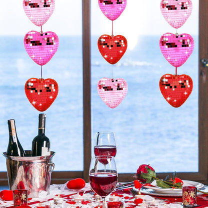 FYSUIMU 24Pcs Valentine Heart Shaped Hanging Ornaments Mirror Disco Ball Tree Bauble Red Pink Hanging Ornament for Valentine Wedding Anniversary Party Supplies