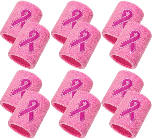 12 Pack Breast Cancer Awareness Wristbands Bulk Pink Ribbon Sweatbands for Men and Women, Basketball Baseball Running and Supporting Breast Cancer Awareness Month