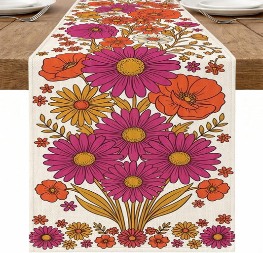 Floral Table Runner, Vintage Peach Orange Flower Pattern for Home Dining Decor, Spring Summer Party Supplies 13x90 Inch