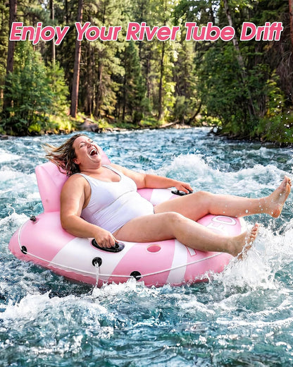 River Tubes for Floating Heavy Duty, 53" Inflatable Pool Floats Adult, Water Tube with Mesh Seat, Full Support Headrest, 2 Cup Holder, 450lb Capacity - Ideal for Pool, River, Lake Float