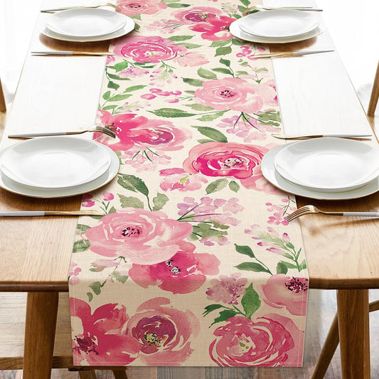 Seliem Spring Summer Watercolor Flower Table Runner, Pink Peony Floral Kitchen Dining Table Decor, Seasonal Burlap Home Decoration Indoor Outdoor Party Supply 13 x 72 Inches