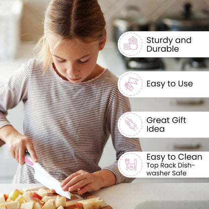 Zulay 3-Piece Kids Knife Set for Real Cooking & Baking - Toddler Knives for Cutting Fruits, Veggies, & Cake - Children’s Montessori Knife with Serrated Edges - Safe & Fun Lettuce Knife (Pink)