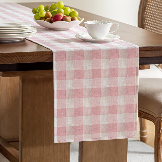 Gingham Table Runner, Cotton Linen Style Picnic Checkered Table Runners Farmhouse Buffalo Plaid Baby Shower Birthday Party Decoration Home Dining Kitchec Decor, Pink 13x72