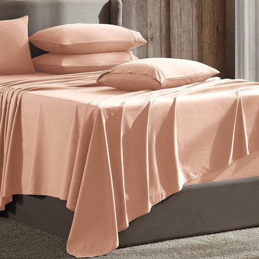Hearth & Harbor 6Pc King Size Bed Linen Set - Extra Deep Pocket, Microfiber, Peach - Includes 4 Pillowcases, 1 Fitted, 1 Flat Sheet