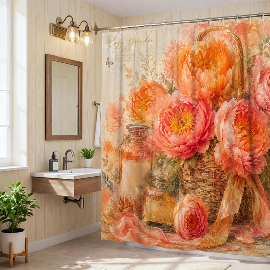 Peony Shower Curtain, Vintage Floral Basket Glass Jar Spring Peach Polyester Waterproof Toile Cloth Shower Curtains Decor for Bathroom Guest Room 72x78 Inch