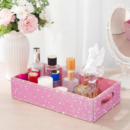 Honeydak Bling Rhinestone Pink Pearl Bathroom Basket with Handle, 13" x 6" x 3" Toilet Tank Tray, Crushed Diamond Bathroom Decor, Back of Toilet Storage Organizer, Sparkly Gifts for Women