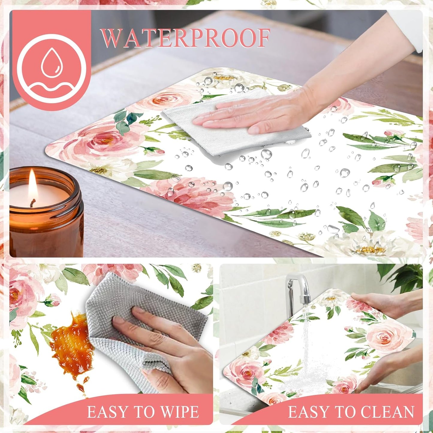 6 Pcs Pink Flower Plastic Placemats, 11x16 Inch Summer Pink White Floral Placemats Seasonal Flower Butterfly Washable Table Mats for Party Kitchen Dining Decoration