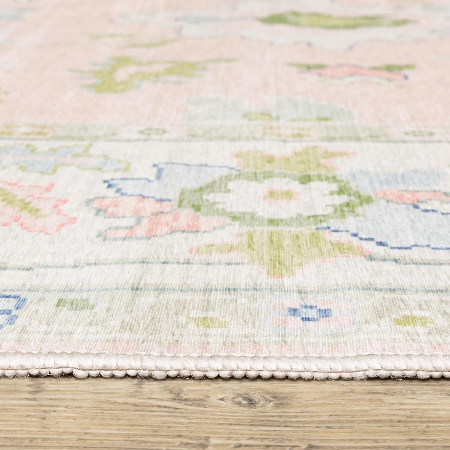 Oriental Weavers Addison ADD04 Machine Washable Flat Weave Printed Area Rug 5' x 7' in Pink/Green Traditional Style, Nursery, Kids Room, Bedroom, Entryway