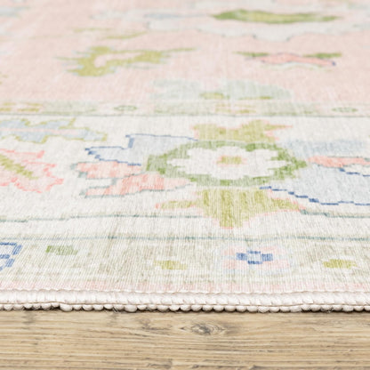 Oriental Weavers Addison ADD04 Machine Washable Flat Weave Printed Area Rug 5' x 7' in Pink/Green Traditional Style, Nursery, Kids Room, Bedroom, Entryway