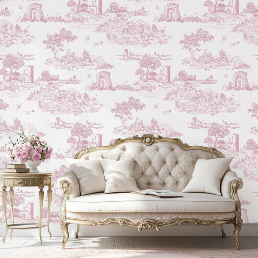 WENMER Pink Toile Peel & Stick Wallpaper for Bedroom, Self-Adhesive White and Pink Vintage French Country Wallpaper for Girls Room, Toile Contact Paper for Cabinet 17.7" X 118"