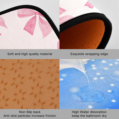 Burbuja Pink Bow Kitchen Rug and Mat Set of 2, Absorbent Washable Non Skid Comfort Standing Floor Mat for Kitchen Bathroom Living Room Sink Laundry
