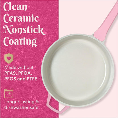 4 Quart Cast Aluminum Cooker, Pink - Jumbo Skillet Pan for One-Pan Meals, Nonstick Saute Pan with Lid, Versatile Kitchen Cookware for Entrees & Vegetables