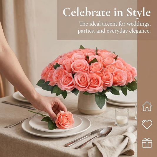 52pcs Coral Peach Roses Artificial Flowers Fake Flowers Silk Roses with Stems for DIY Wedding Bouquets Bridal Shower Centerpieces Arrangements Party Decorations