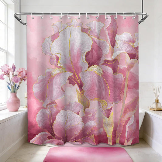 Spring Pink Gold Floral Shower Curtain Iris Light Pink Abstract Watercolor Flower Shower Curtains for Bathroom Decor, Waterproof Cloth Fabric with Hooks 70" Wx72 L