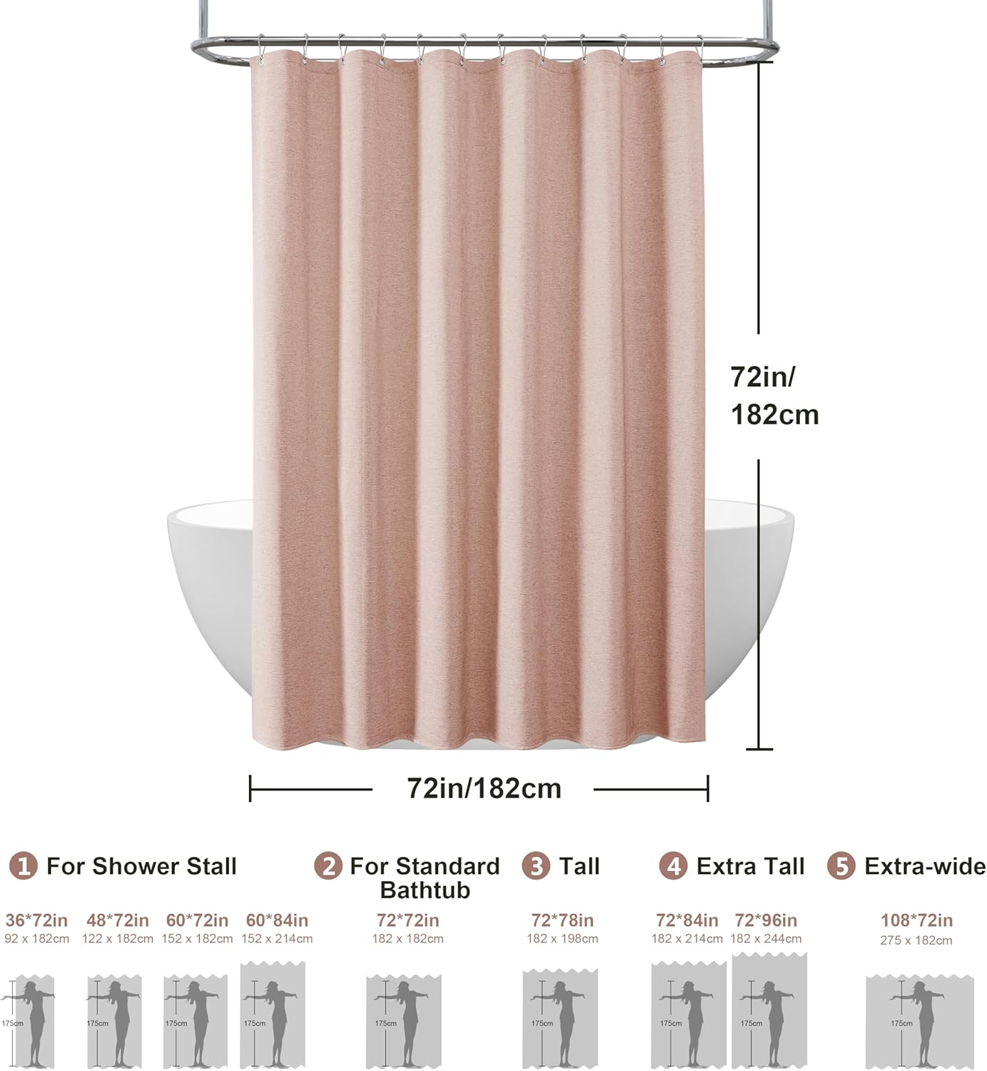 VANZAVANZU Shower Curtain with Metal Hooks Linen Fabric Shower Curtain Heavy Duty Bath Curtain for Bathroom and Bathtubs, Hotel Quality, Weighted Hem, Waterproof, 72 x 72 Inches (Pink)