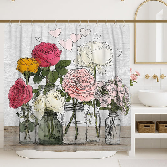 Rose Shower Curtain, Romantic Vintage Peony Mason Jar Spring Peach Waterproof Fabric Bathtub Cloth Curtains Decor for Bathroom Guest Room 72x72 Inch