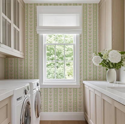 RollsRolla Green Stripe Peel and Stick Wallpaper Featuring Pink Floral, Vintage Farmhouse Inspired Renter Friendly Wallpaper, Cute and Whimsical Style for Girls Room, Bathroom, Laundry Room