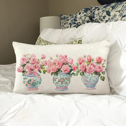 Pink Flowers and Leaves Pillow case, Chinoiserie Floral Pattern Pillow Cover, Flower Rose Case Cushion Cover Couch Sofa Decorative 12x20 inches
