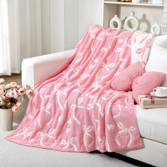 Pink Bow Throw Blanket and Pillow Set Include Coquette Blanket 50 x 60 Inch and Pink Bow Plush Throw Pillows Cushion for Baby Girls Women Gift Couch Sofa Bed Nursery Preppy Room Decorations