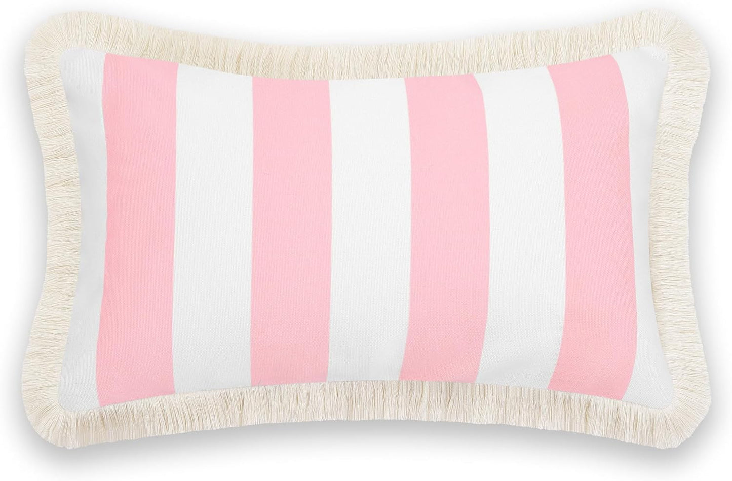 Hofdeco Premium Coastal Patio Indoor Outdoor Lumbar Pillow Cover Only, 12"x20" Water Repellent for Backyard, Couch, Blush Pink Stripe Fringe