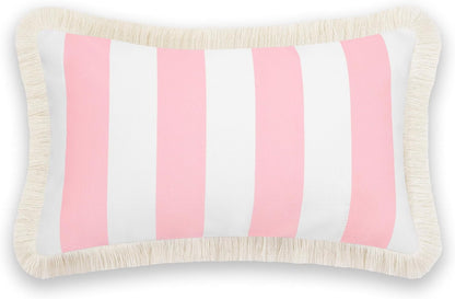 Hofdeco Premium Coastal Patio Indoor Outdoor Lumbar Pillow Cover Only, 12"x20" Water Repellent for Backyard, Couch, Blush Pink Stripe Fringe