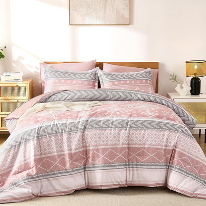 Yiran Comforter Set Queen Size, 7 Pieces Boho Aztec Bed in a Bag, Blush Pink Southwestern Bedding Sets for All Seasons, Lightweight Comforter Bed Set with Sheets, Pillowcases & Shams