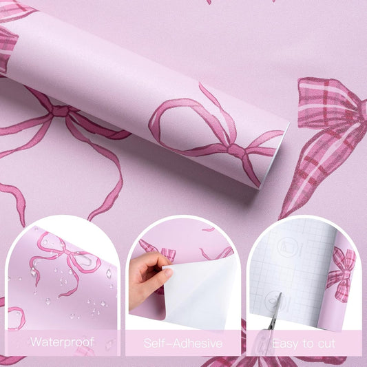 RUSPEPA Peel and Stick Wallpaper, 17.3 Inch x 6.5 Feet, Pink Bow Design Self Adhesive Removable Wallpaper Decorative Waterproof Contact Paper for Cabinets, Walls
