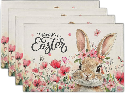 Happy Easter Placemats Set of 4, 12x18 Inch Spring Pink Flowers Bunny Place Mat Heat Resistant Washable Durable Rectangle Dining Table Mats Farmhouse Kitchen Holiday Party Decor