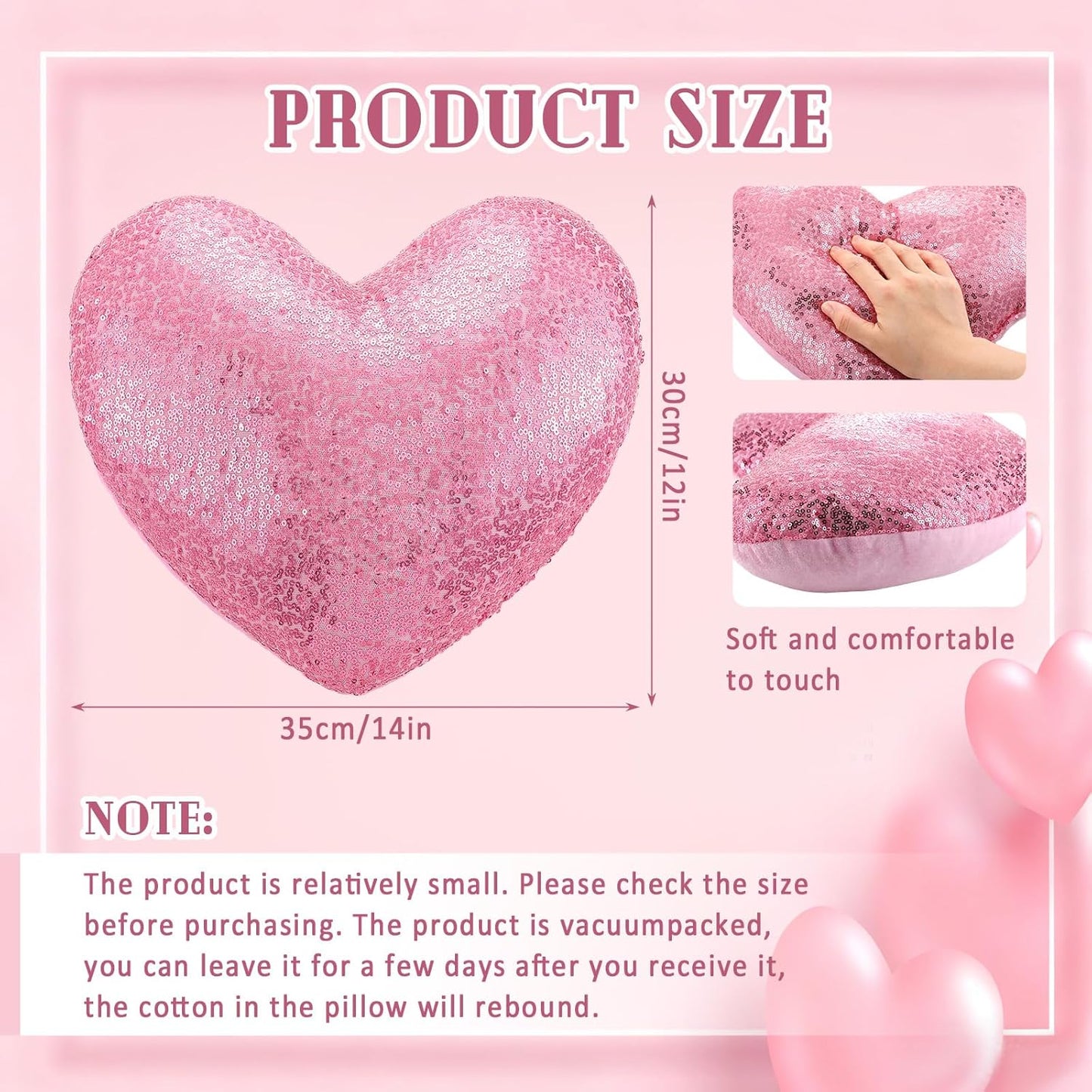 Yookeer Glitter Sequins Heart Shaped Pillow 14'' x 12' Decorative Sparkling Throw Pillows Solid Soft Shiny Cushion for Women Girls Wedding Anniversary Bed Couch Decor(Pink)