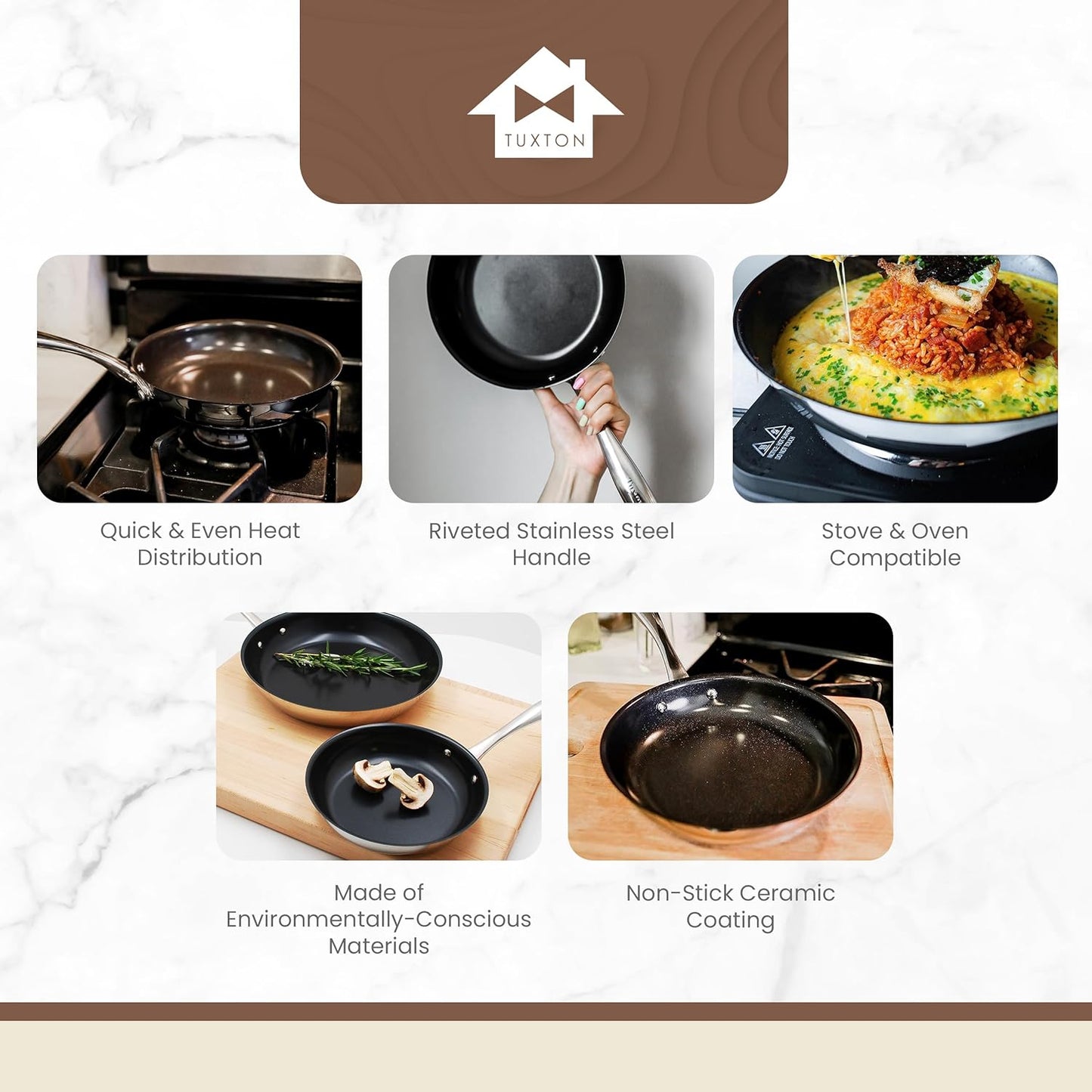 Non Stick Frying Pans - Tuxton Home Concentrix 2-Piece Stainless Steel Pan Set - Stove & Oven Compatible 8-inch & 11-inch Ceramic Frying Pan with Riveted Handles - Cinnebar Blush Pink Nonstick Pan Set