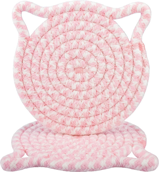 Cute Coasters for Desk Set of 2, Extra Large 4.8 in* 8mm, Absorbent Handmade Fabric Drink Coasters for Coffee & Tea - Fall House Warm Home Décor, Protect The Wooden Table (2 Pack-Cat-Rose Pink)