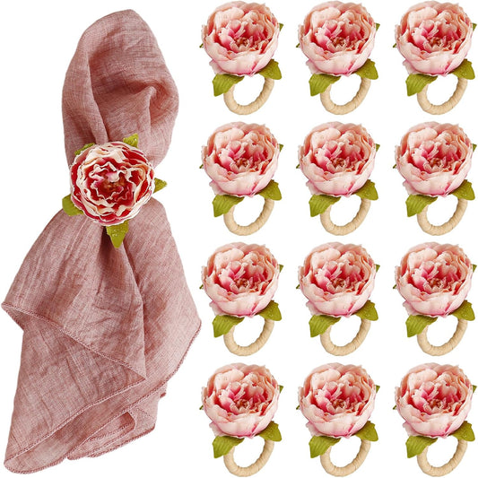 wonlex Farmhouse Flower Napkin Rings Set of 12, Faux Pink Rose Napkin Ring Serviette Holder for Spring Holiday, Mothers Day, Table Decor, Family Union, Dinner Setting(Rose Pink)