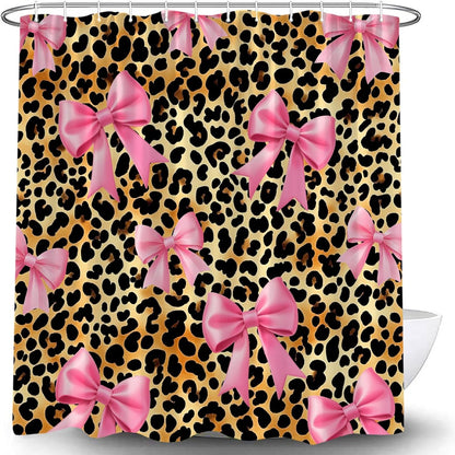 Pink Bow Leopard Print Shower Curtain Retro Bowknot Brown Cheetah Fashion Pretty Sweet Modern Aesthetic Decor Bathroom Curtains Set with Hooks