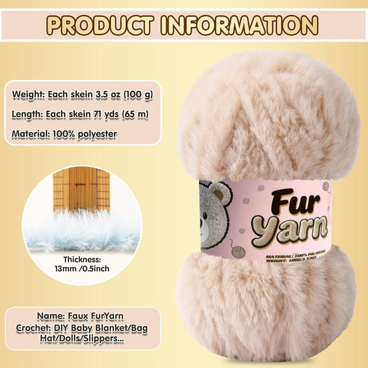 3 Skeins Faux Fur Yarn Soft Fluffy for Crocheting - Chunky Fuzzy Yarn for Crochet Amigurumi, Blankets, Scarves and Sweaters - Each 3.5 oz/100 g, 75 yds/65 m (3, Light Pink)