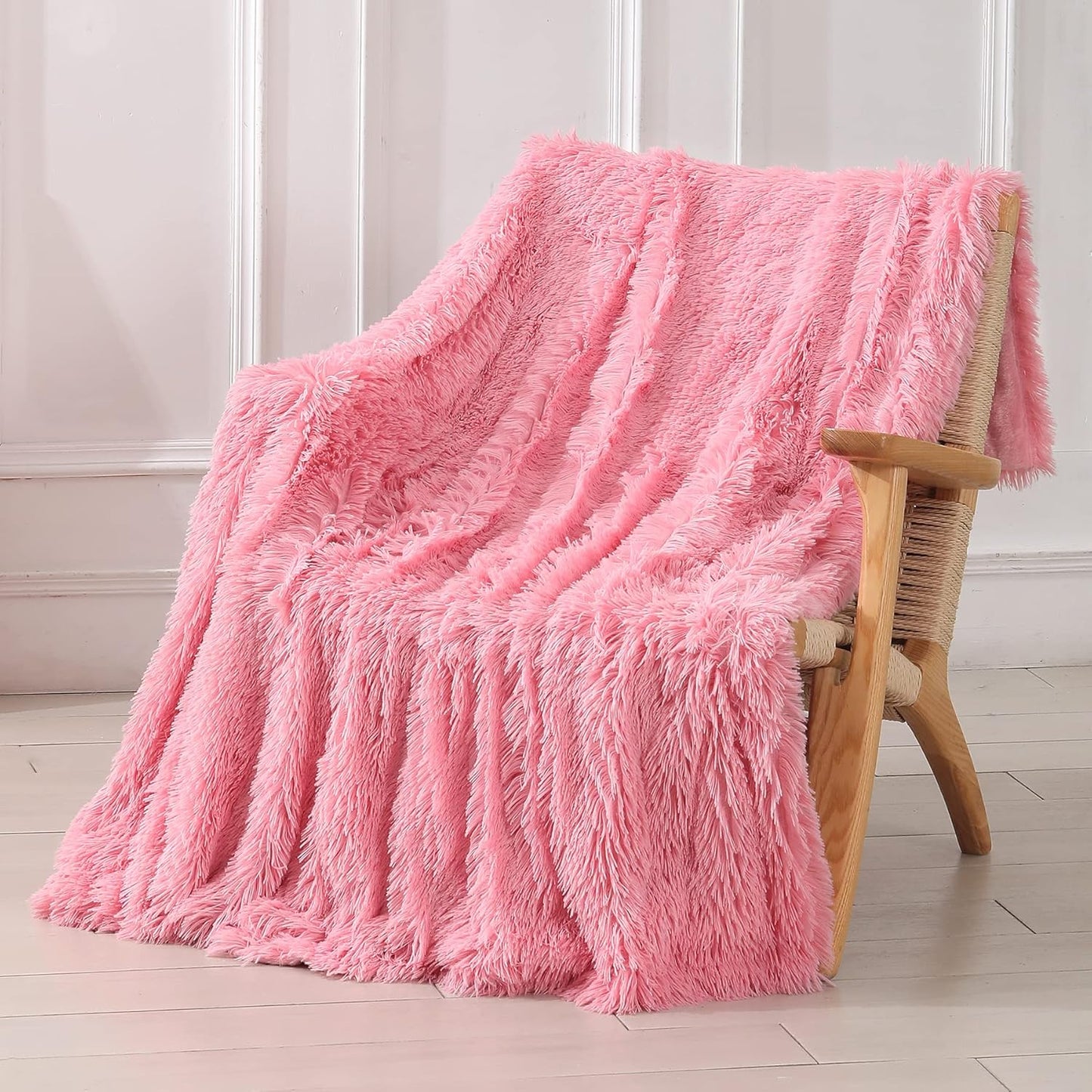 Tuddrom Decorative Extra Soft Faux Fur Throw Blanket 50"x60",Solid Reversible Fuzzy Double Layers Long Hair Shaggy Blanket,Fluffy Cozy Plush Fleece Comfy Microfiber Blanket for Couch Sofa Bed,Pink