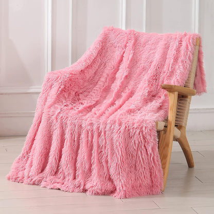 Tuddrom Decorative Extra Soft Faux Fur Throw Blanket 50"x60",Solid Reversible Fuzzy Double Layers Long Hair Shaggy Blanket,Fluffy Cozy Plush Fleece Comfy Microfiber Blanket for Couch Sofa Bed,Pink
