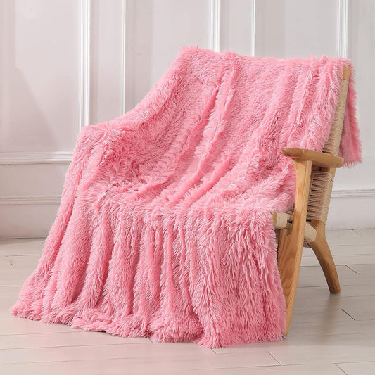 Tuddrom Decorative Extra Soft Faux Fur Throw Blanket 50"x60",Solid Reversible Fuzzy Double Layers Long Hair Shaggy Blanket,Fluffy Cozy Plush Fleece Comfy Microfiber Blanket for Couch Sofa Bed,Pink