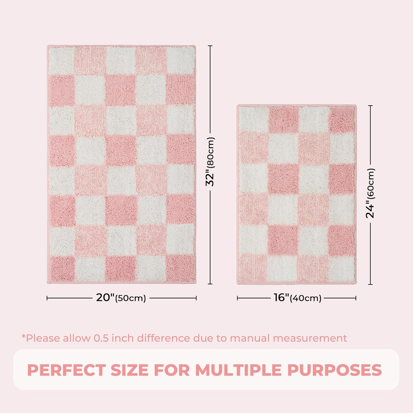 GRANNY SAYS Checkered Pink Bathroom Rugs Decor, 24" x 16", Fluffy Rug, Absorbent Microfiber Ultra Soft Bath Mat Washable, Non-Slip Bath Mats for Bathroom, Cute Floor Mat for Tub, Shower, Bedroom