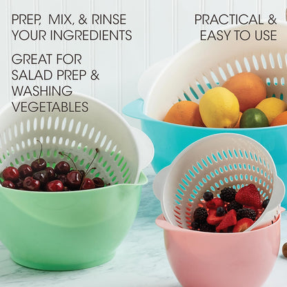 Basic Essentials 6 Piece Plastic Nesting Mixing Bowls with Colanders Set for Kitchen, Baking, Prepping, Cooking, Space Saving Storage, Multiple Sizes, Pink, Mint Green & Light Blue
