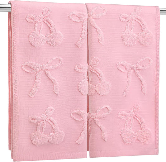 FuWeave 2 Pcs Pink Cherry Bow Hand Towels for Bathroom Cute Pink 100% Cotton Absorbent Decorative Jacquard Weave Bath Towels Coquette Bathroom Kitchen Decor, 13. 7 x 29. 5 Inch