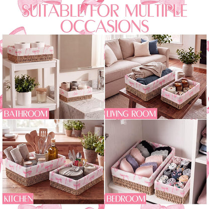 SiliFine Pink Bow Toilet Paper Storage Basket Set of 2 Chinoiserie Decorative Wicker Bathroom Organizer for Toilet Tank Trays Holder Bin for Shelves Fits with Any Bathroom Decorative