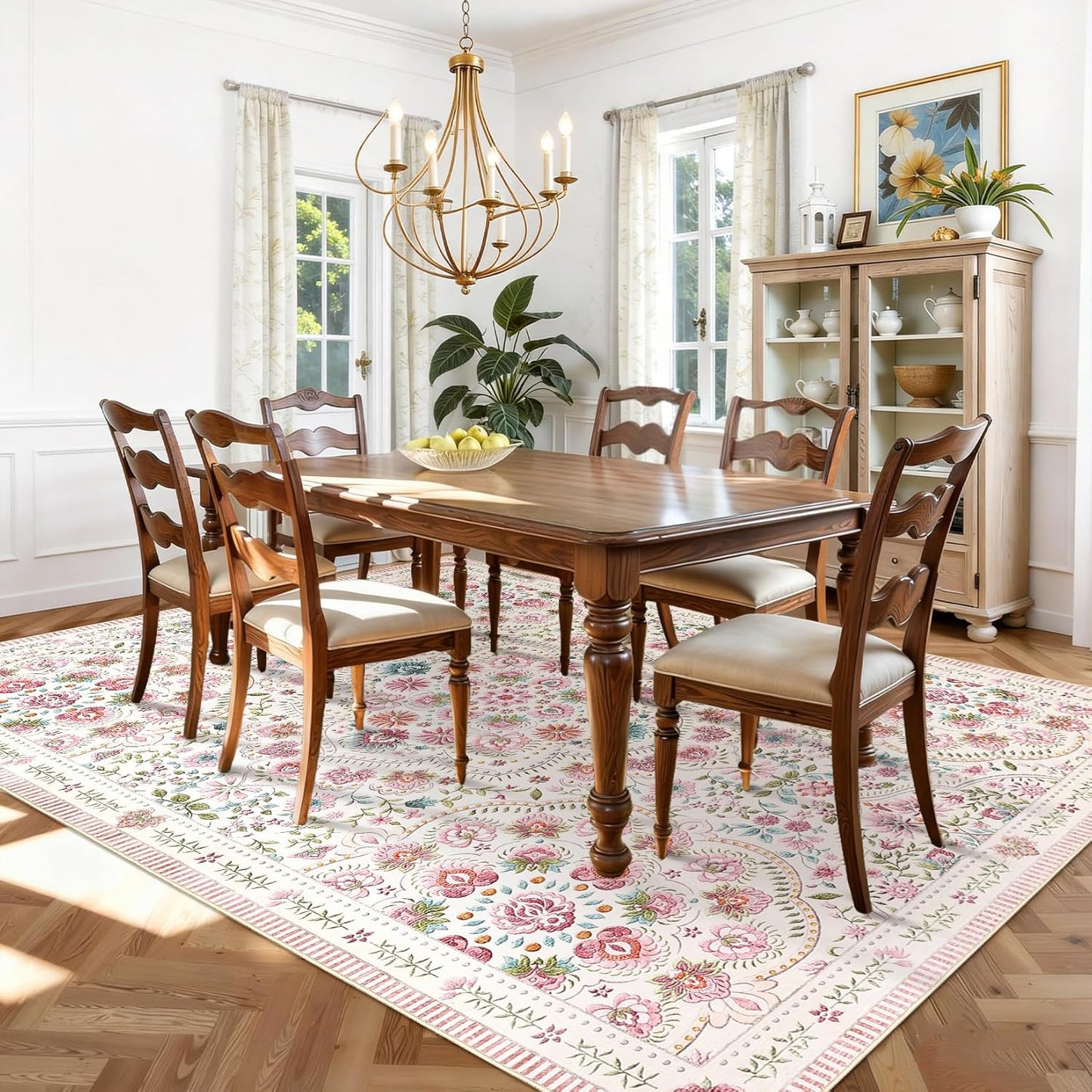Garvee Washable Floral 9x12 Area Rugs for Living Room, Indoor Farmhouse Non Slip Girls Bedroom Rug, Ultra Soft Thin Large Carpet for Nursery Playroom, Stain Resistant Dining Room Rugs, Beige Pink