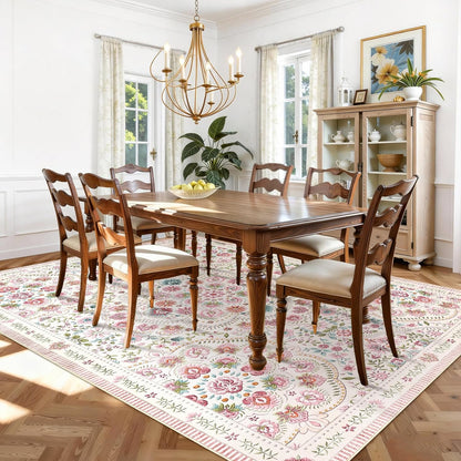 Garvee Washable Floral 9x12 Area Rugs for Living Room, Indoor Farmhouse Non Slip Girls Bedroom Rug, Ultra Soft Thin Large Carpet for Nursery Playroom, Stain Resistant Dining Room Rugs, Beige Pink