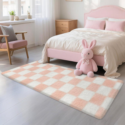 Soft Runner Rug for Bedroom 2x6 Pink and White Checkered Runner Shaggy Rug Indoor Fuzzy Carpet Non Slip Long Rug for Living Room Bedside Sofa Home Dorm
