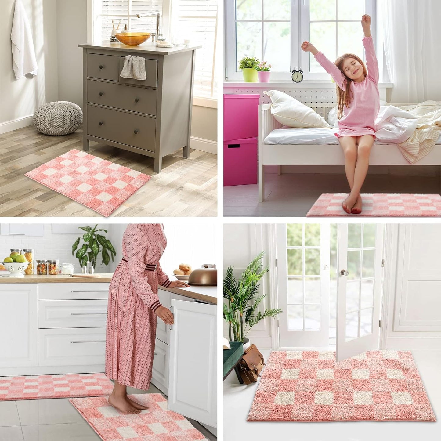 CozeCube Checkered Bath mats for Bathroom Non Slip, Fluffy Absorbent Microfiber Bath mat Washable, Aesthetic Bathroom Rugs, Cute Bath mat Set for Shower Sink, Pink Plus Green, 24" x 16