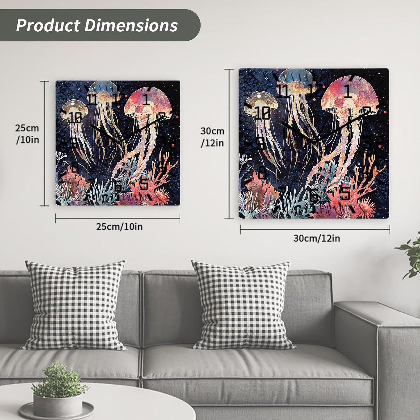 Wall Clock 10in Pink Blue Jellyfish Silent Non Ticking Square Wall Clock Coral Decorative Clock for Living Room Bedroom Office Kitchen Decor